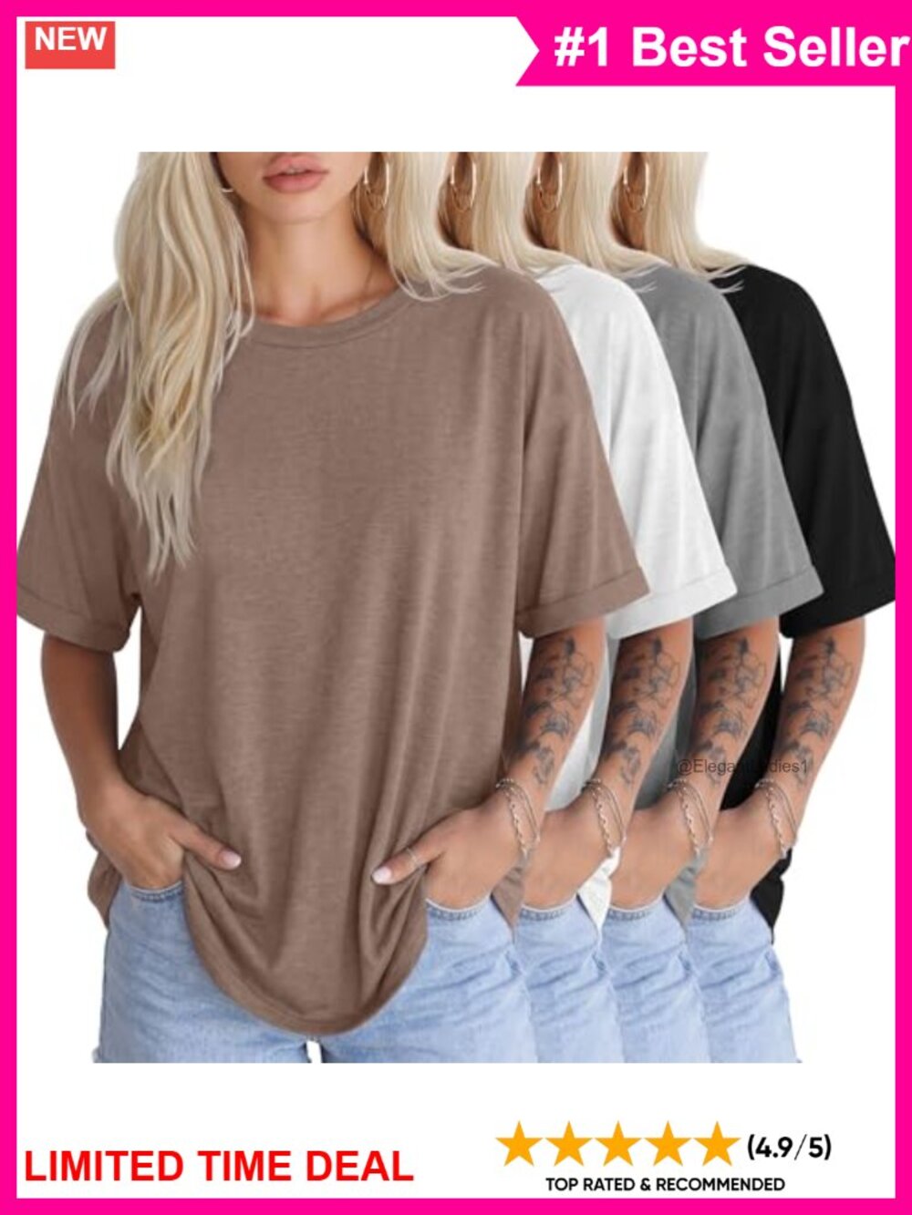 Oversized Cotton Blend Crew Neck Short Sleeve T-Shirts 4 Pack